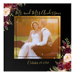 Burgundy Floral Black Gold Photo Wedding Keepsake Acrylic Print