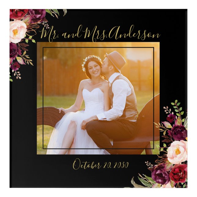 Burgundy Floral Black Gold Photo Wedding Keepsake Acrylic Print (Front)