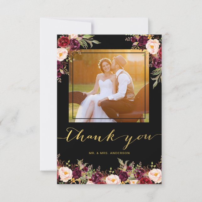 Burgundy Floral Black Gold Photo Wedding Thank You (Front)