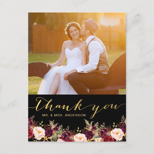 Burgundy Floral Black Gold Photo Wedding Thank You Postcard