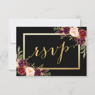 Burgundy Floral Black Gold Script Wedding RSVP Card