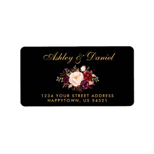 Burgundy Floral Black Gold Wedding Address Label