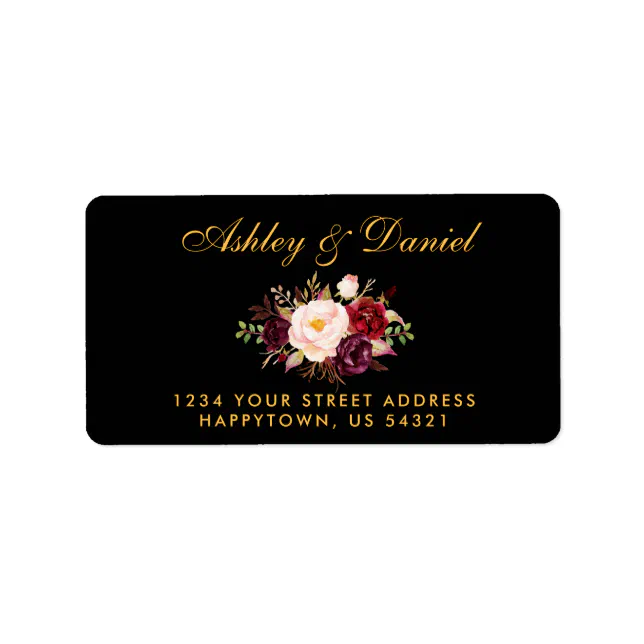 Burgundy Floral Black Gold Wedding Address Label | Zazzle