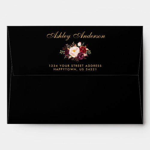 Burgundy Floral Black Gold Wedding Invitation Envelope