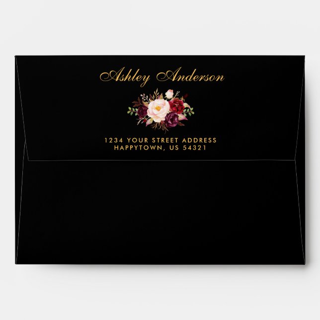 Burgundy Floral Black Gold Wedding Invitation Envelope (Back (Top Flap))