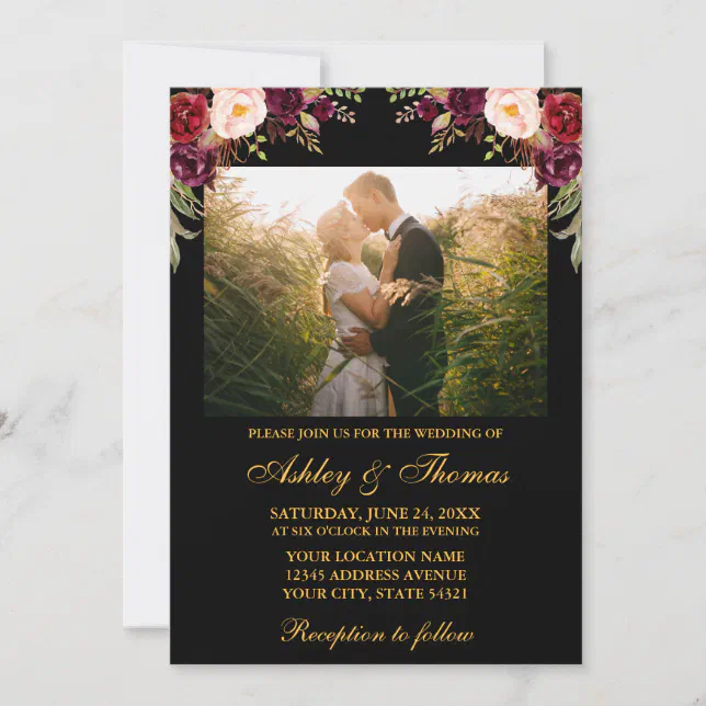 Burgundy Floral Black Gold Wedding Photo Invitation | Zazzle