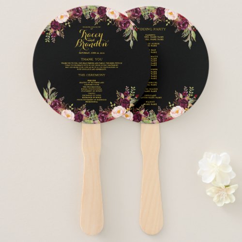 Burgundy Floral Black Gold Wedding Program Hand Fan