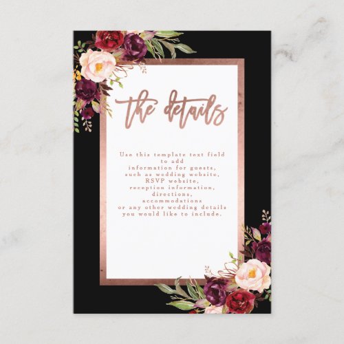 Burgundy Floral Black Rose Gold Wedding Details Enclosure Card