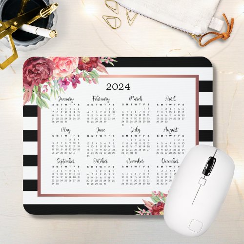 Burgundy Floral Black Stripes 2024 Calendar Mouse Pad