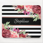 Burgundy Floral Black Stripes Monogram Name
