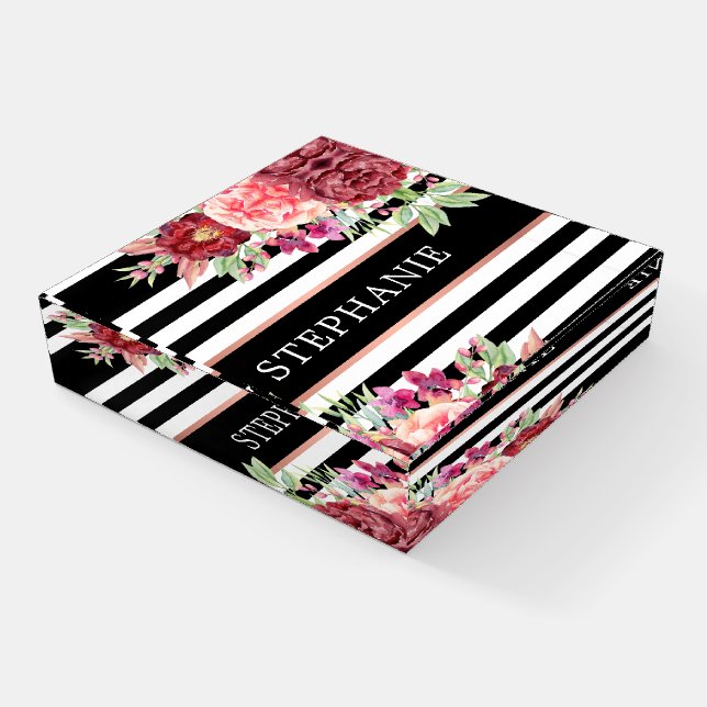 Burgundy Floral Black Stripes Personalized Name Paperweight (Angled)