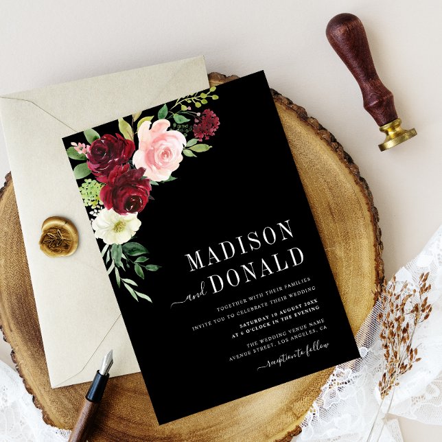 burgundy floral black wedding invitation (Creator Uploaded)