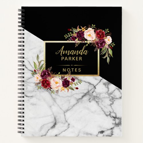 Burgundy Floral Black White Marble Designer Notes Notebook