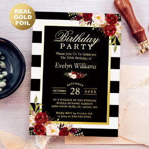 Burgundy Floral Black White Stripes Birthday Party Foil Invitation