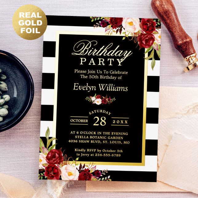 Burgundy Floral Black White Stripes Birthday Party Foil Invitation (Creator Uploaded)