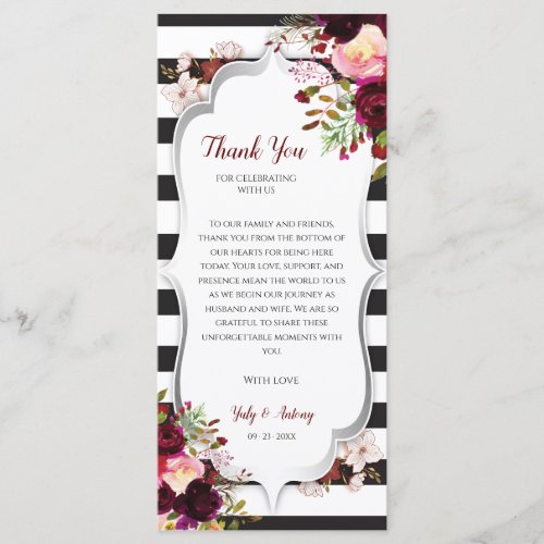 Burgundy Floral Black White Table Thank You Card