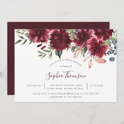 Burgundy Floral Bloom  Bridal Shower Invite