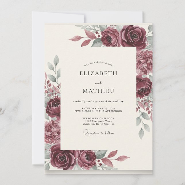 Burgundy Floral Bloom Romance Wedding Invitation (Front)