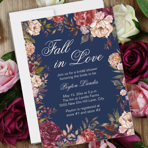 Burgundy Floral Blue Fall in Love Bridal Shower Invitation