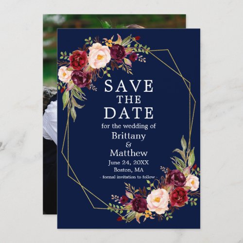Burgundy Floral Blue Gold Geo Frame Photo Save The Date