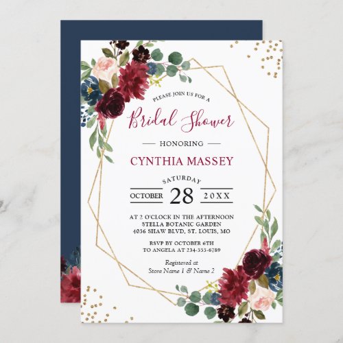 Burgundy Floral Blue Gold Geometric Bridal Shower Invitation