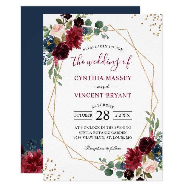 Burgundy Floral Blue Gold Modern Geometric Wedding Invitation