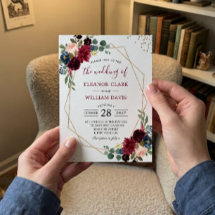 Burgundy Floral Blue Gold Modern Geometric Wedding Invitation
