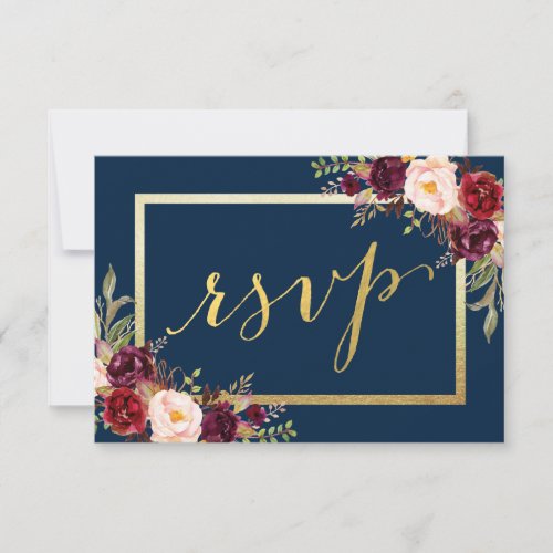 Burgundy Floral Blue Gold Script Wedding RSVP