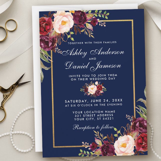 Burgundy Floral Blue Gold Wedding Invitation WB (Creator Uploaded)