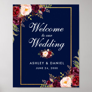 Burgundy Floral Blue Gold Wedding Welcome Poster