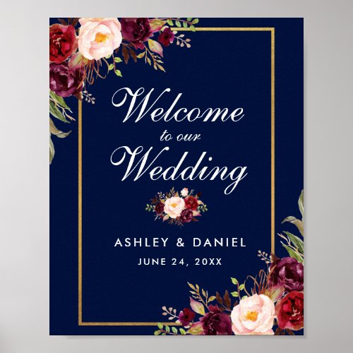 Burgundy Floral Blue Gold Wedding Welcome Poster