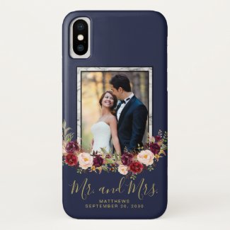 Burgundy Floral Blue Mr and Mrs Wedding Photo Case-Mate iPhone Case