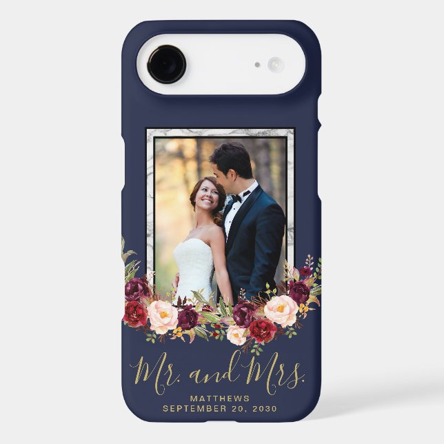 Burgundy Floral Blue Mr and Mrs Wedding Photo Case-Mate iPhone Case (Back)
