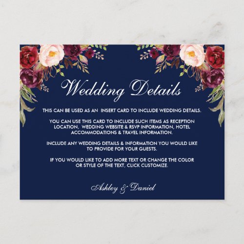 Burgundy Floral Blue Wedding Details Insert Card