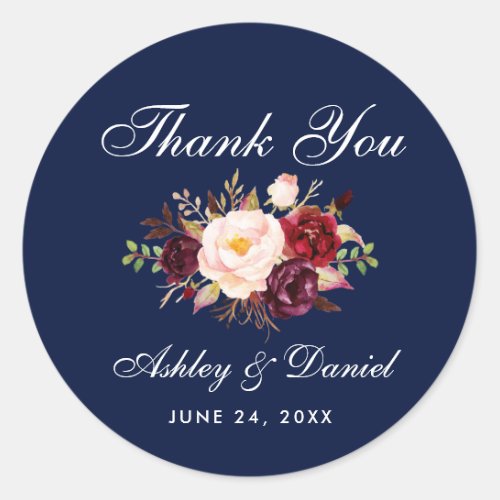 Burgundy Floral Blue Wedding Thank You L Classic Round Sticker