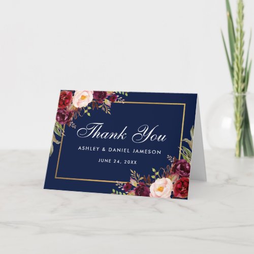 Burgundy Floral Blue Wedding Thanks Fold Card