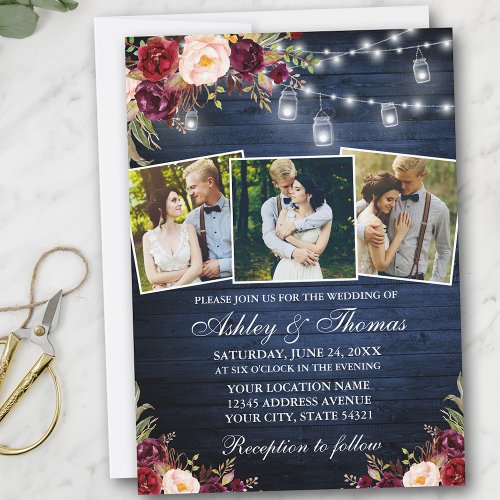 Burgundy Floral Blue Wood 3 Photo Lights Wedding Invitation