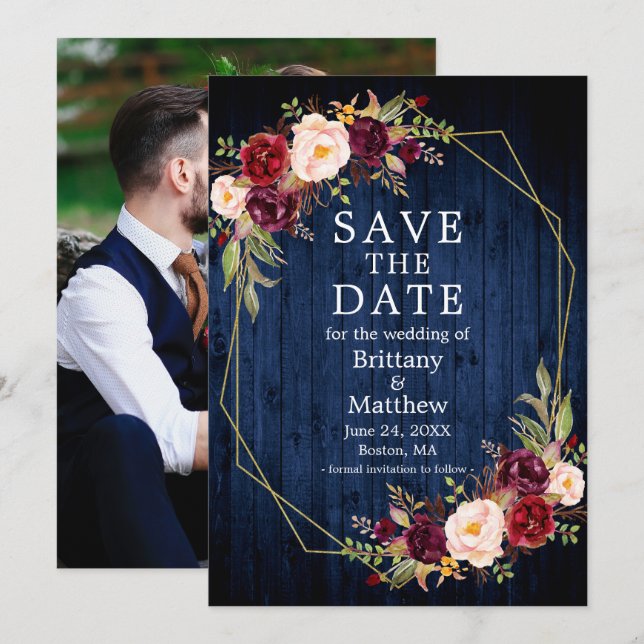 Burgundy Floral Blue Wood Geo Frame Photo Save The Date (Front/Back)