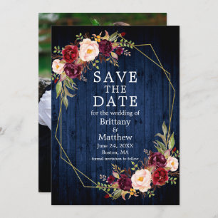 Burgundy Floral Blue Wood Geo Frame Photo Save The Date