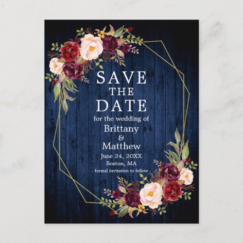 Burgundy Floral Blue Wood Geo Frame Save the Date Postcard