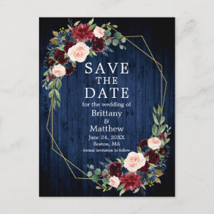 Burgundy Floral Blue Wood Geo Frame Save the Date Postcard