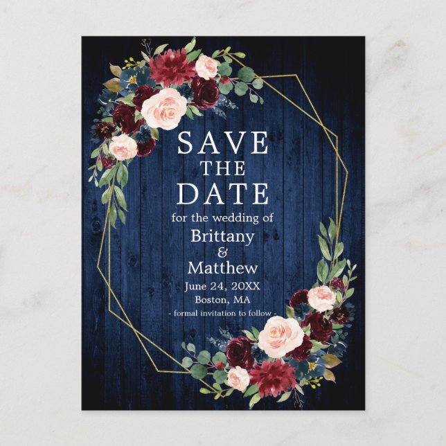 Burgundy Floral Blue Wood Geo Frame Save the Date Postcard (Front)