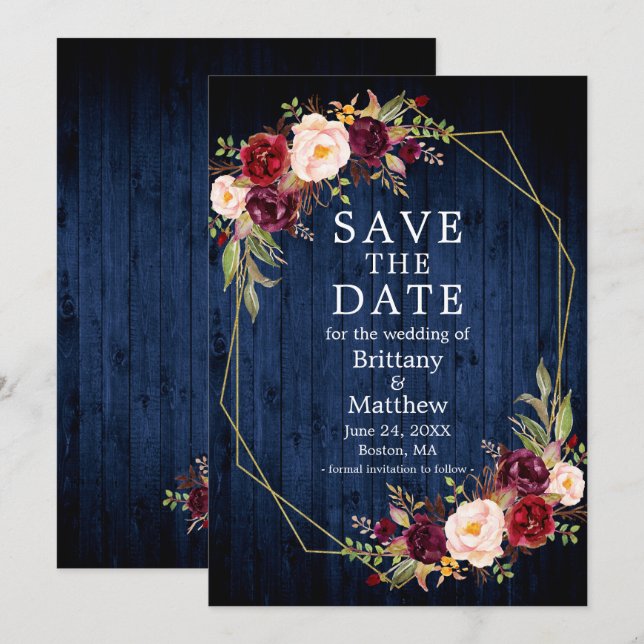 Burgundy Floral Blue Wood Gold Geo Frame Save The Date (Front/Back)