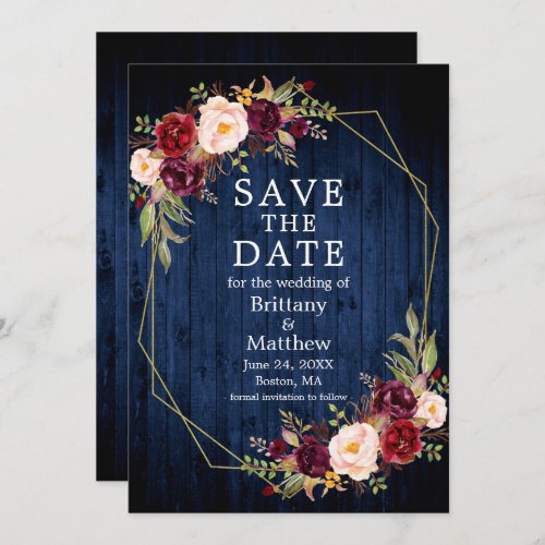 Burgundy Floral Blue Wood Gold Geo Frame Save The Date