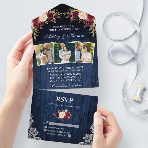 Burgundy Floral Blue Wood Lace 3 Photo Wedding All In One Invitation
