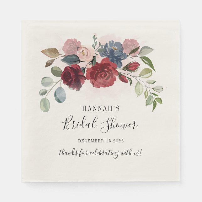 Burgundy Floral Blush Bridal Shower Cocktail Napkins (Front)