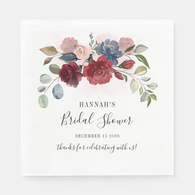 Burgundy Floral Blush Custom Bridal Shower Paper Napkins (Front)