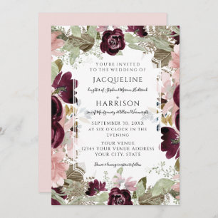 Burgundy Floral Blush Fall Foliage Elegant Wedding Invitation