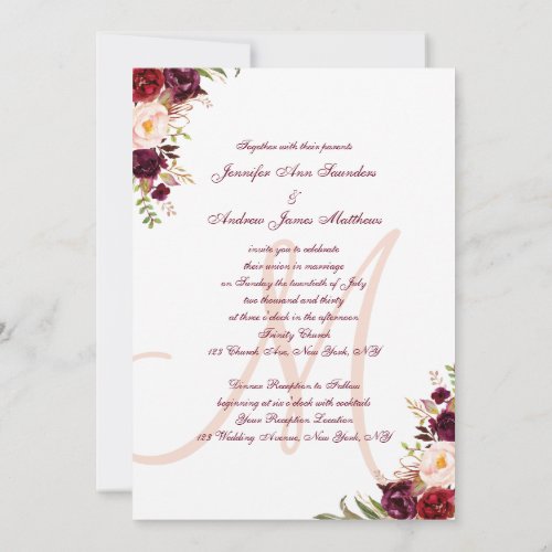 Burgundy Floral Blush Monogram Elegant Wedding Invitation