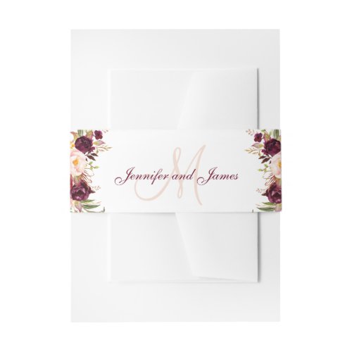 Burgundy Floral Blush Monogram Elegant Wedding Invitation Belly Band